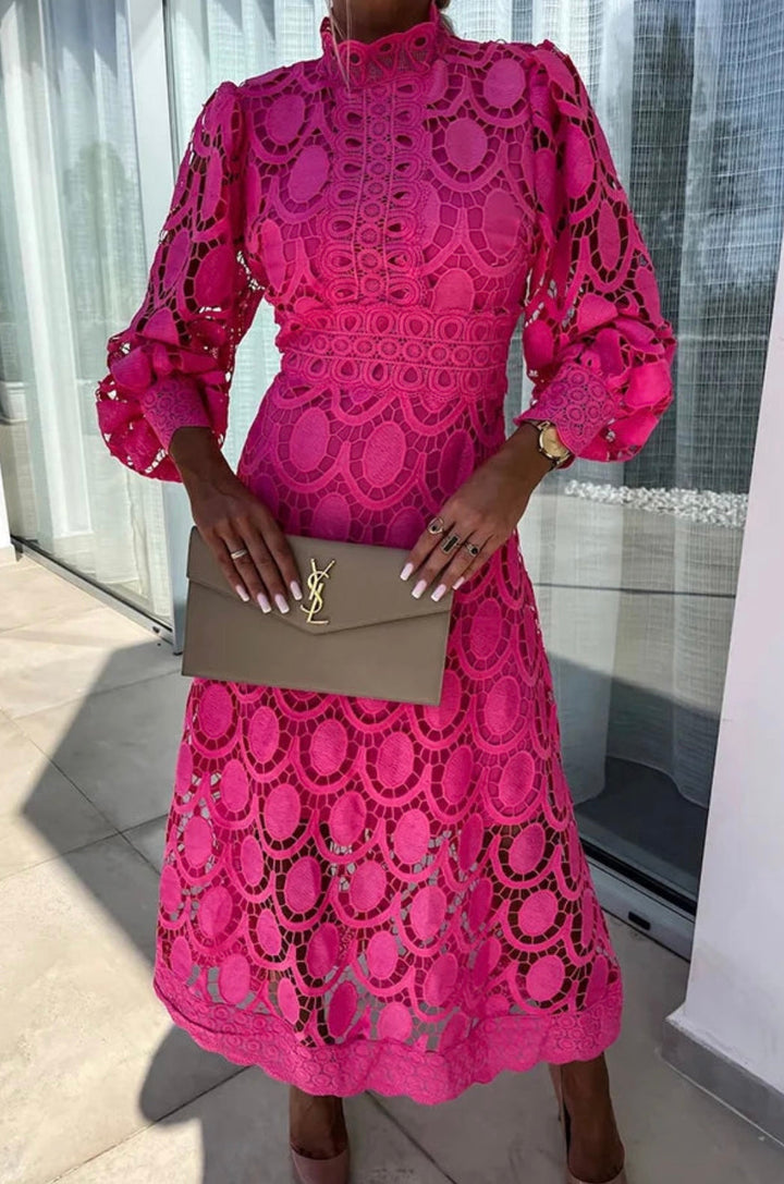 Rosalind │ Women's All-Over Lace Midi Dress With High Neck And Puff Sleeves