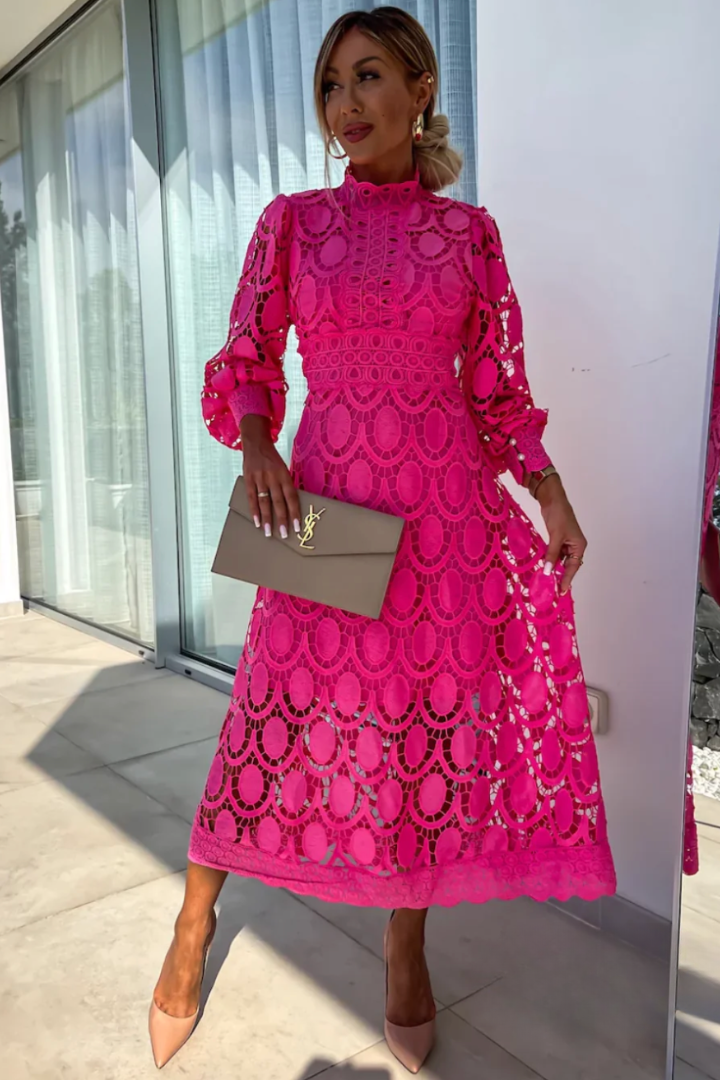 Rosalind │ Women's All-Over Lace Midi Dress With High Neck And Puff Sleeves