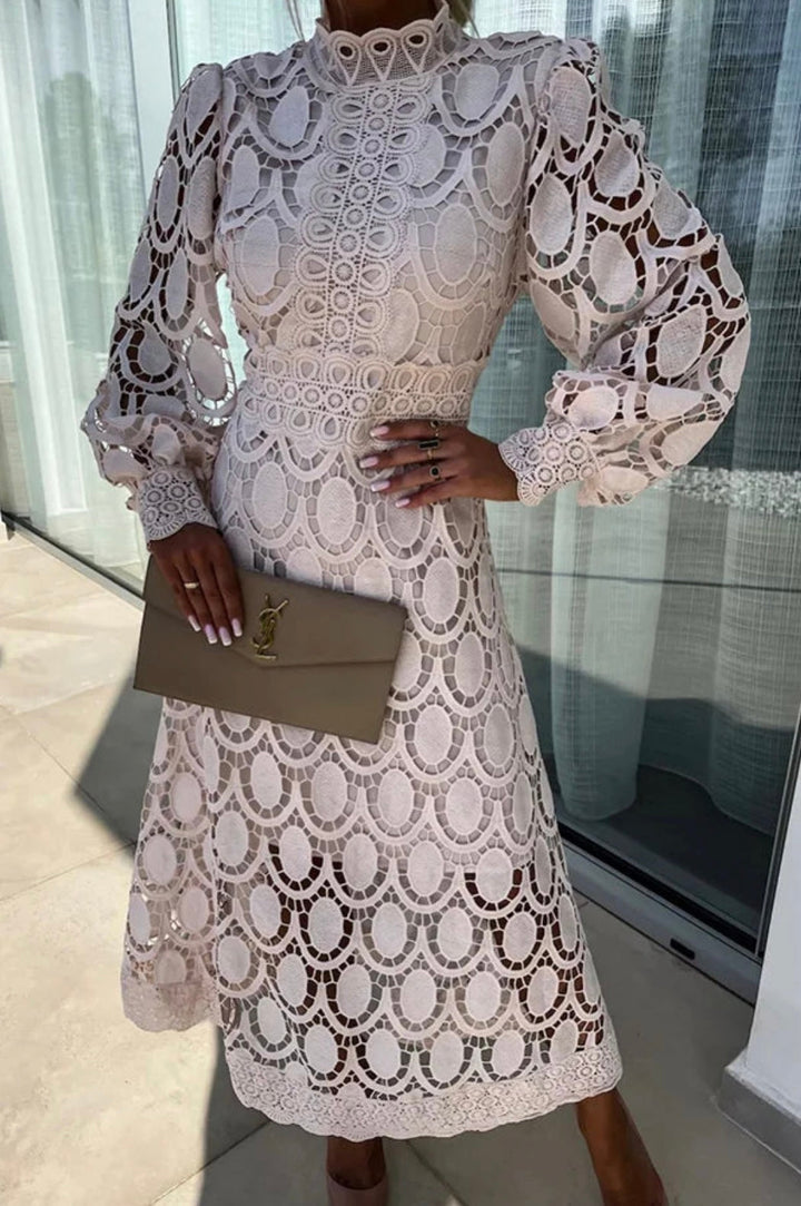Rosalind │ Women's All-Over Lace Midi Dress With High Neck And Puff Sleeves