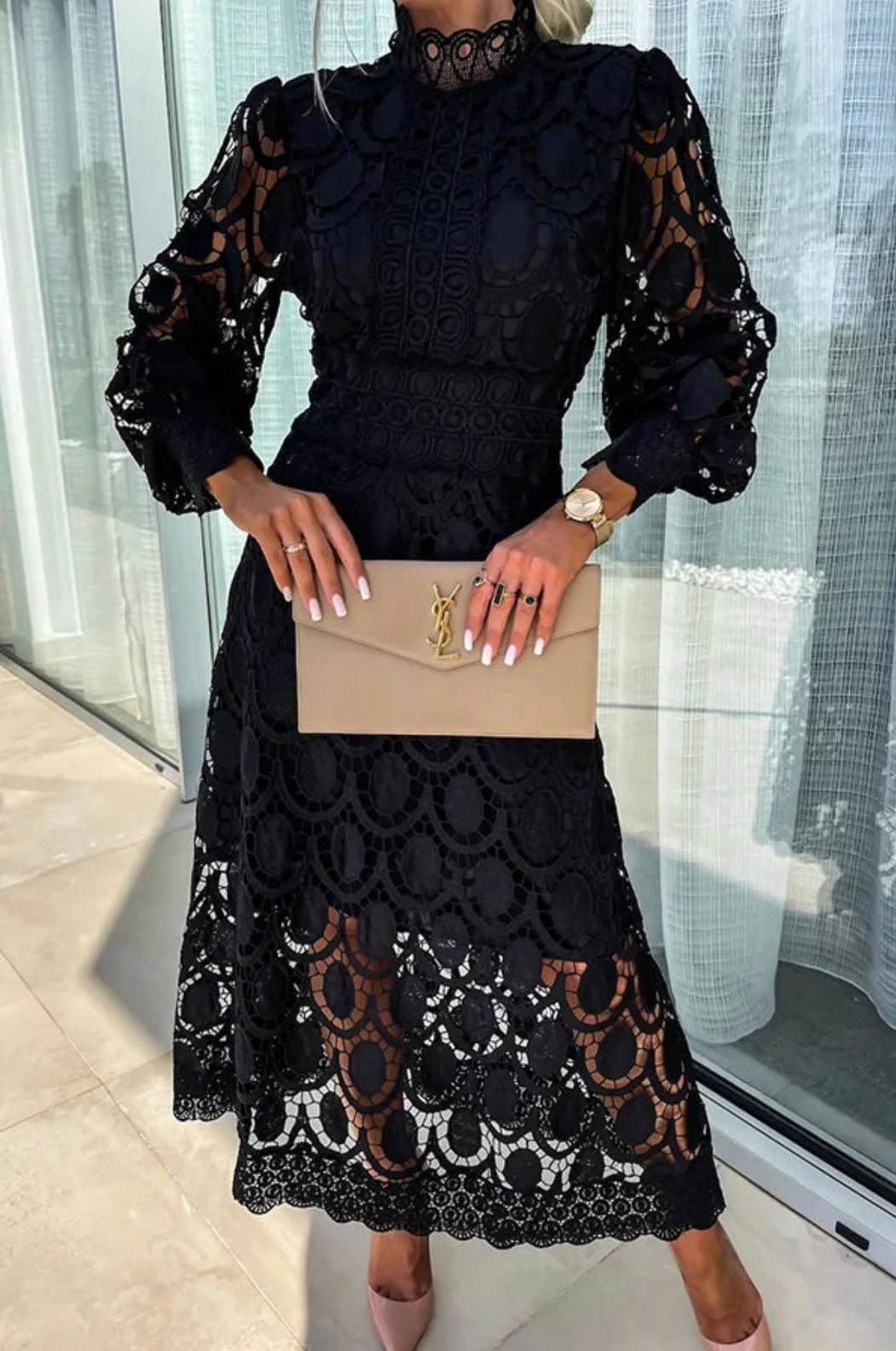Rosalind │ Women's All-Over Lace Midi Dress With High Neck And Puff Sleeves