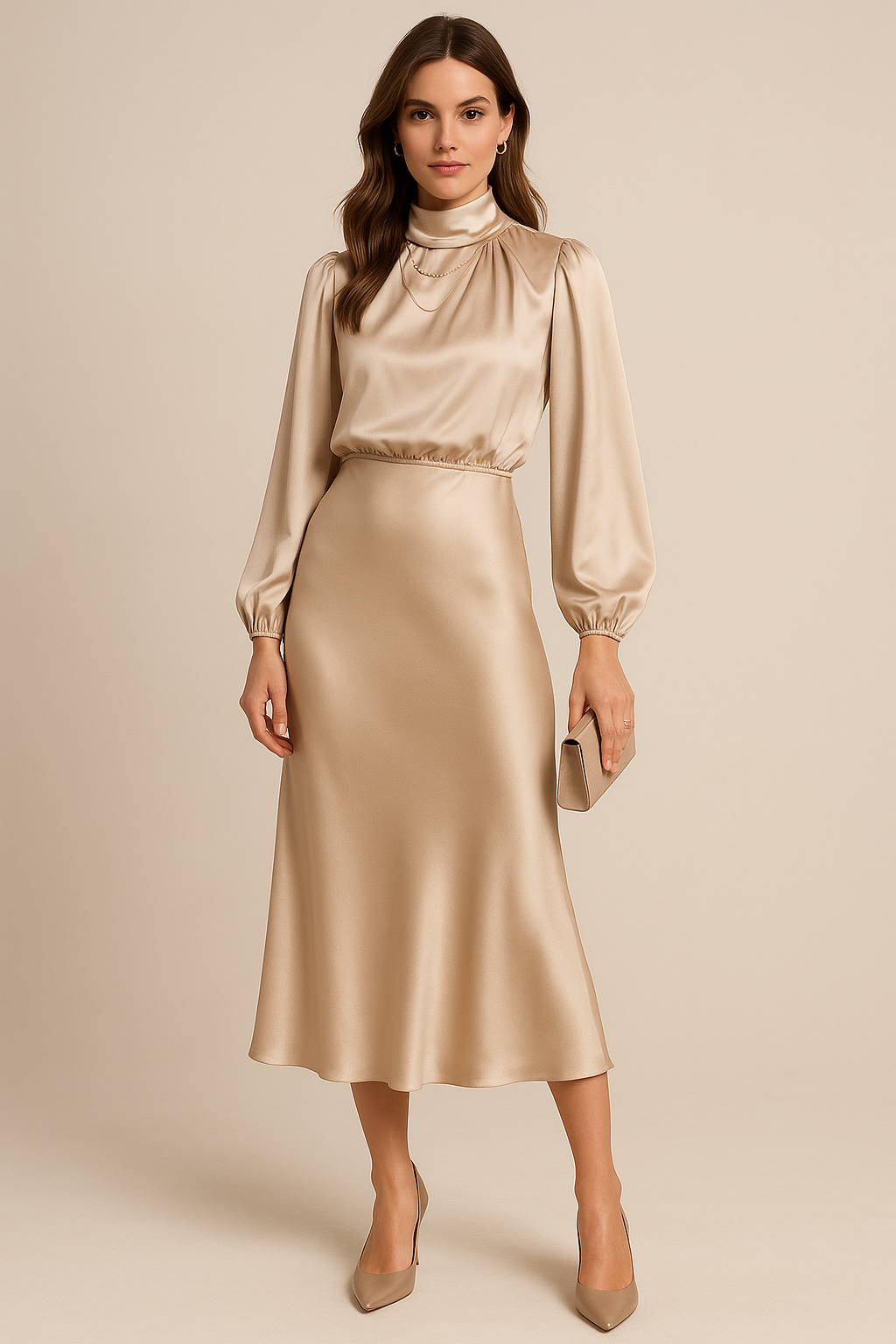 Iphigenia │ Women's Satin High Neck Midi Dress With Balloon Sleeves And Elasticated Waist