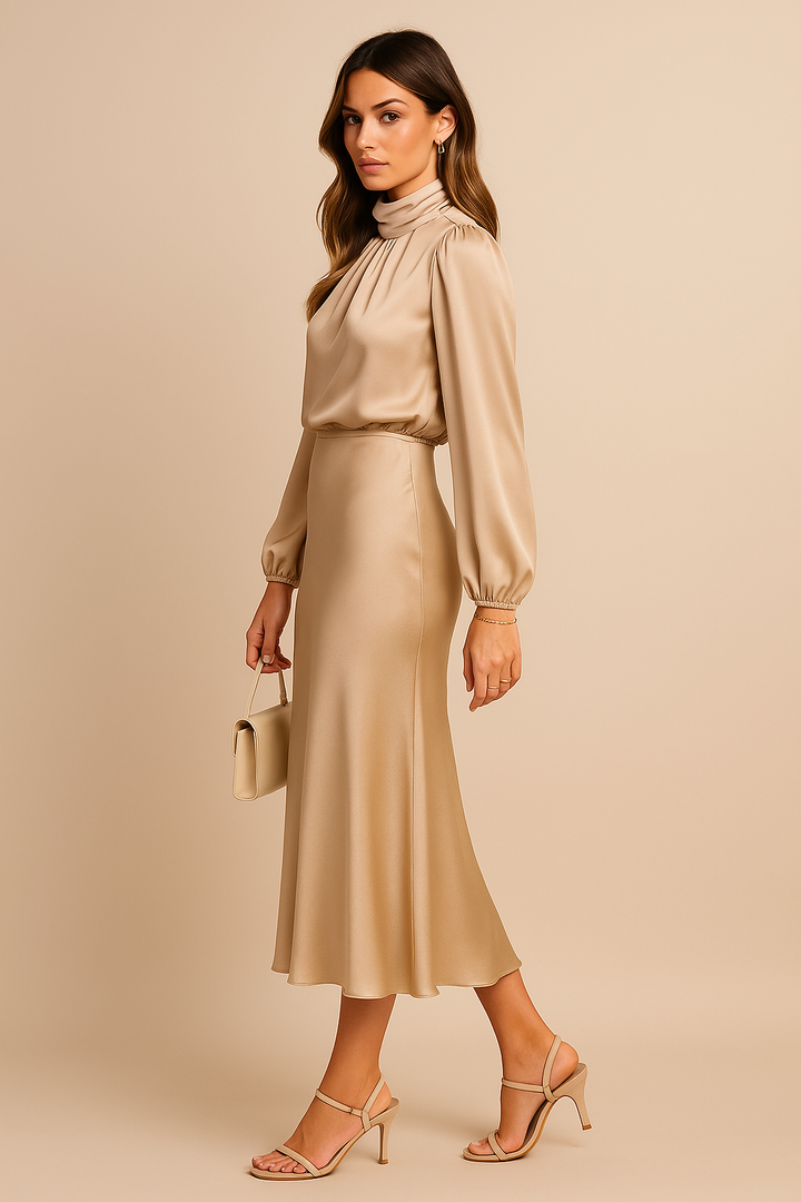 Iphigenia │ Women's Satin High Neck Midi Dress With Balloon Sleeves And Elasticated Waist