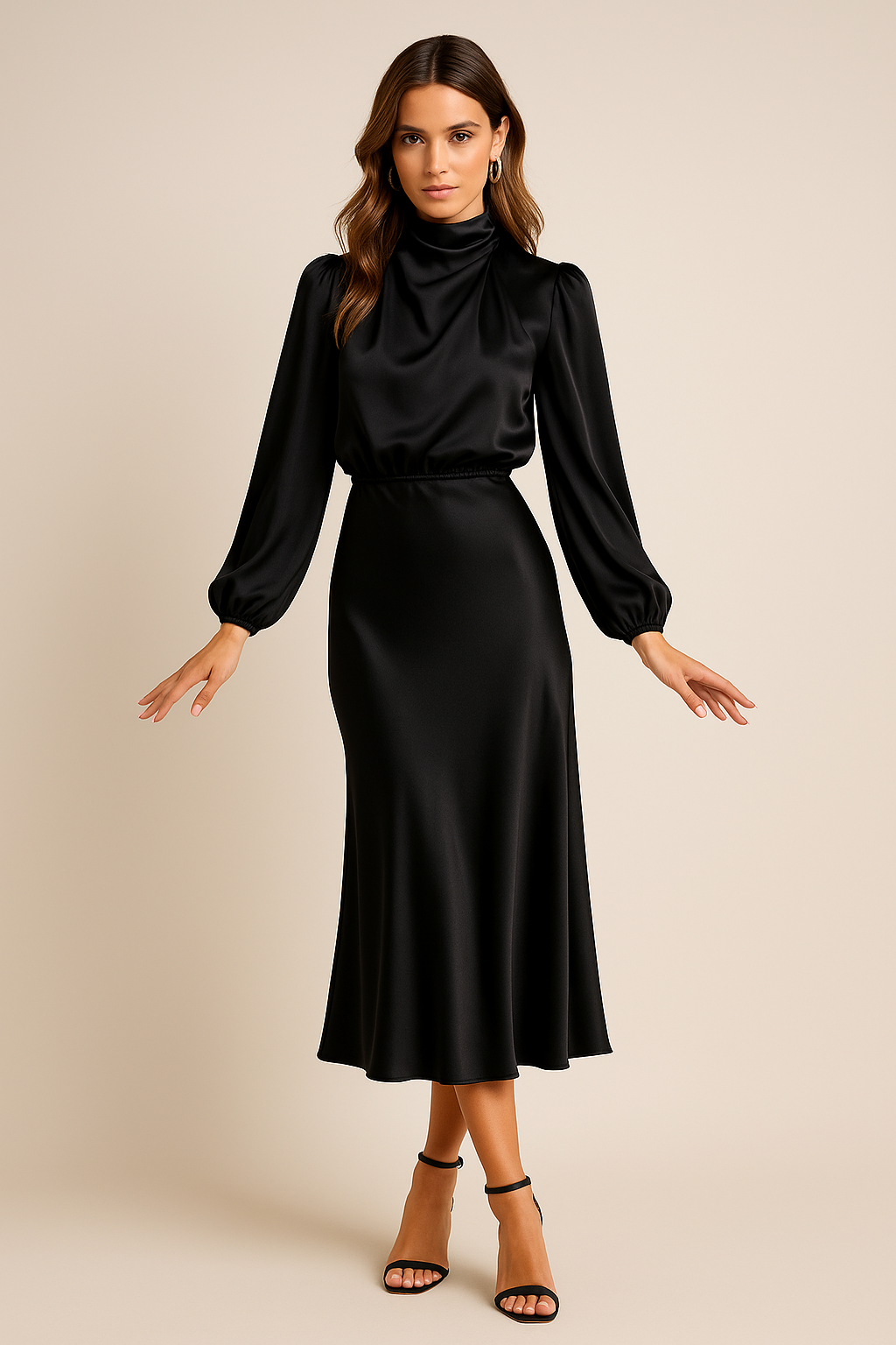 Iphigenia │ Women's Satin High Neck Midi Dress With Balloon Sleeves And Elasticated Waist