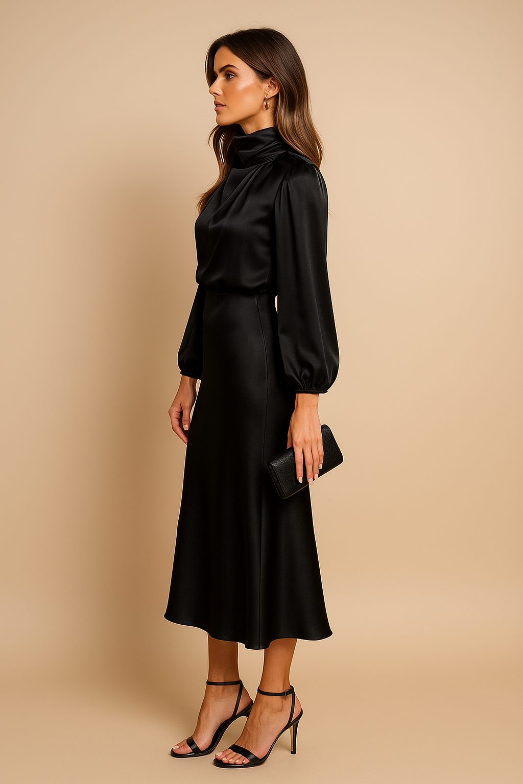 Iphigenia │ Women's Satin High Neck Midi Dress With Balloon Sleeves And Elasticated Waist