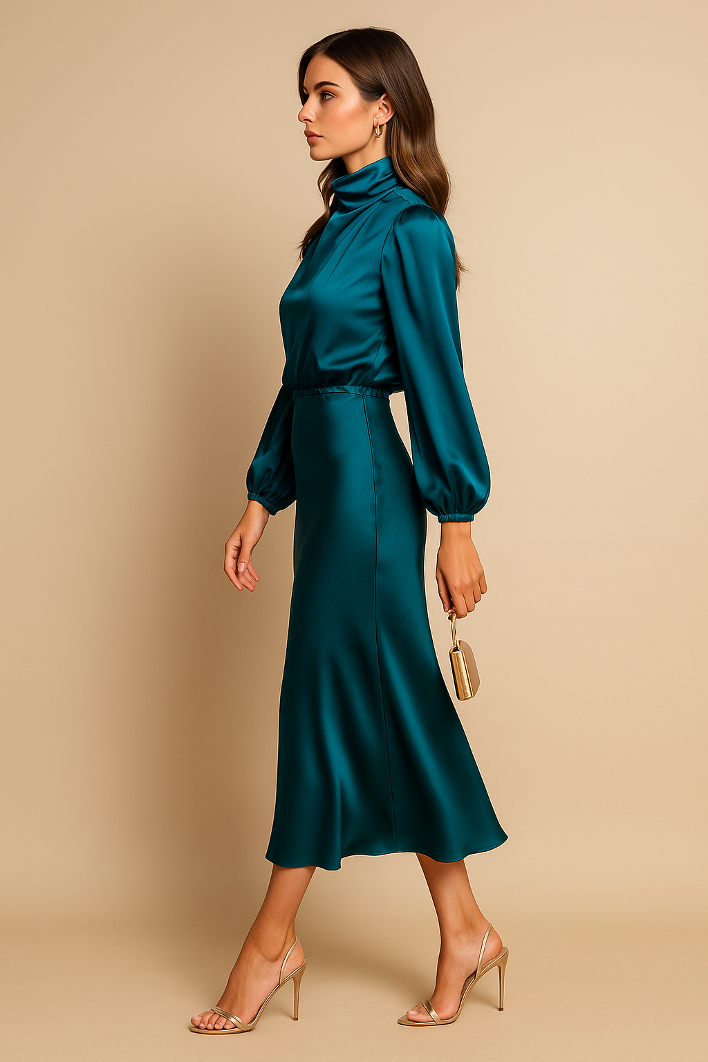 Iphigenia │ Women's Satin High Neck Midi Dress With Balloon Sleeves And Elasticated Waist