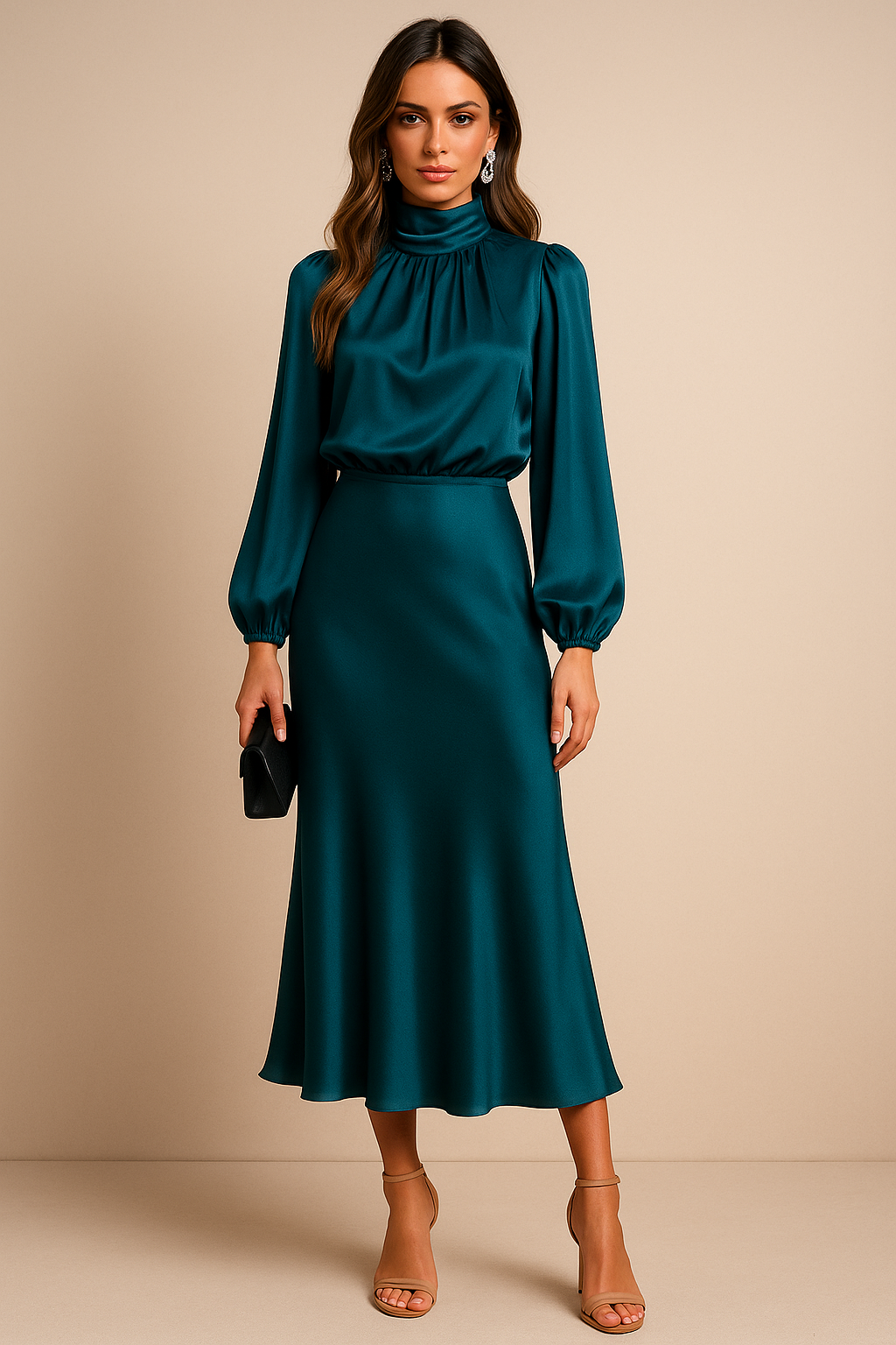 Iphigenia │ Women's Satin High Neck Midi Dress With Balloon Sleeves And Elasticated Waist