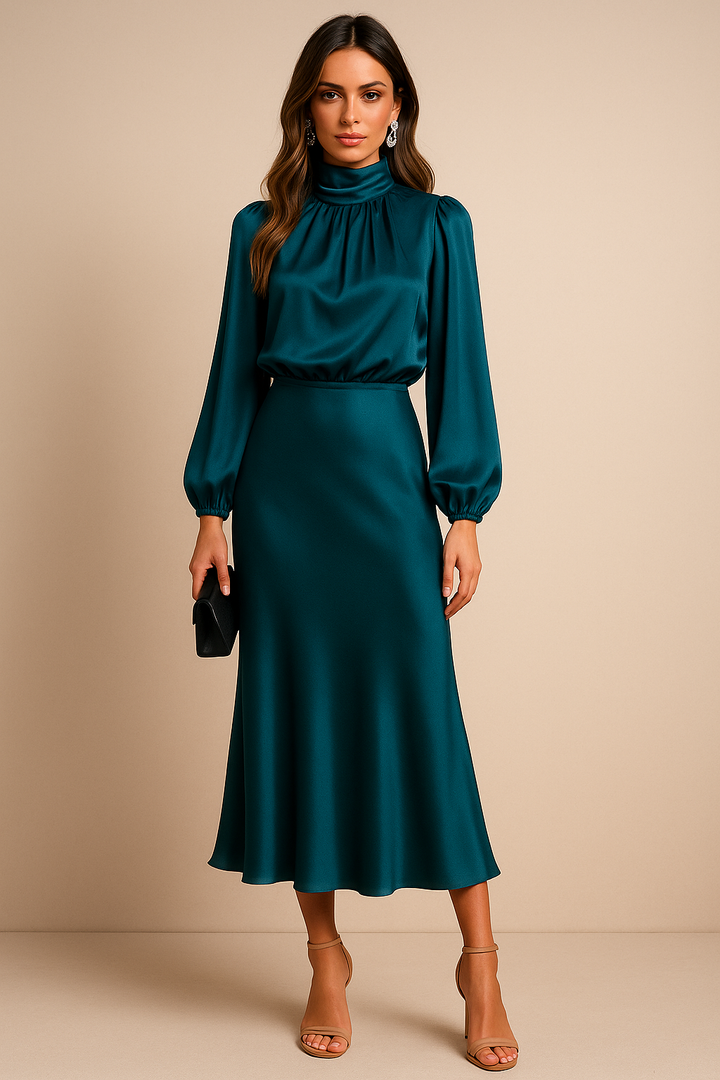 Iphigenia │ Women's Satin High Neck Midi Dress With Balloon Sleeves And Elasticated Waist