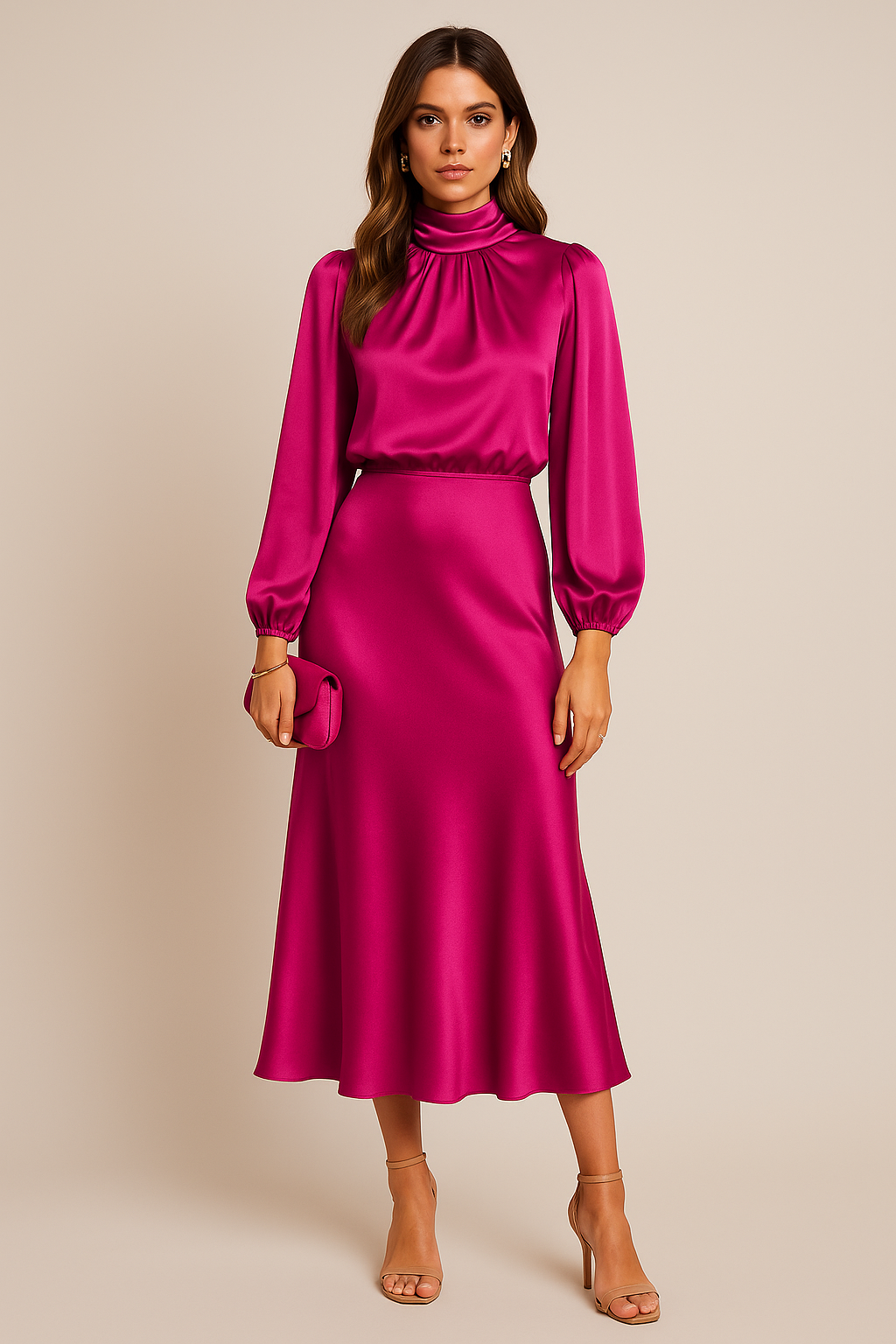 Iphigenia │ Women's Satin High Neck Midi Dress With Balloon Sleeves And Elasticated Waist