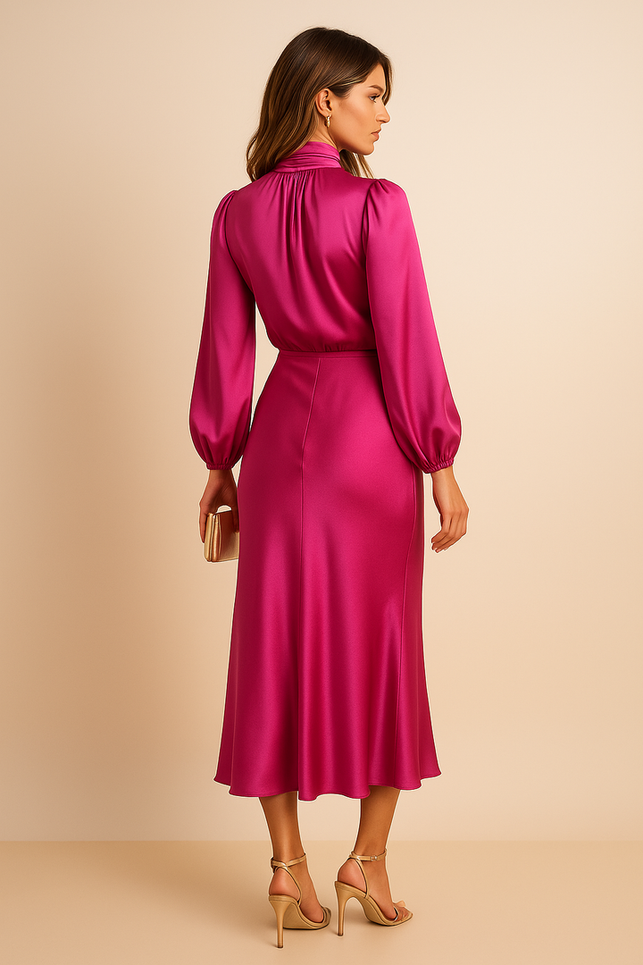 Iphigenia │ Women's Satin High Neck Midi Dress With Balloon Sleeves And Elasticated Waist