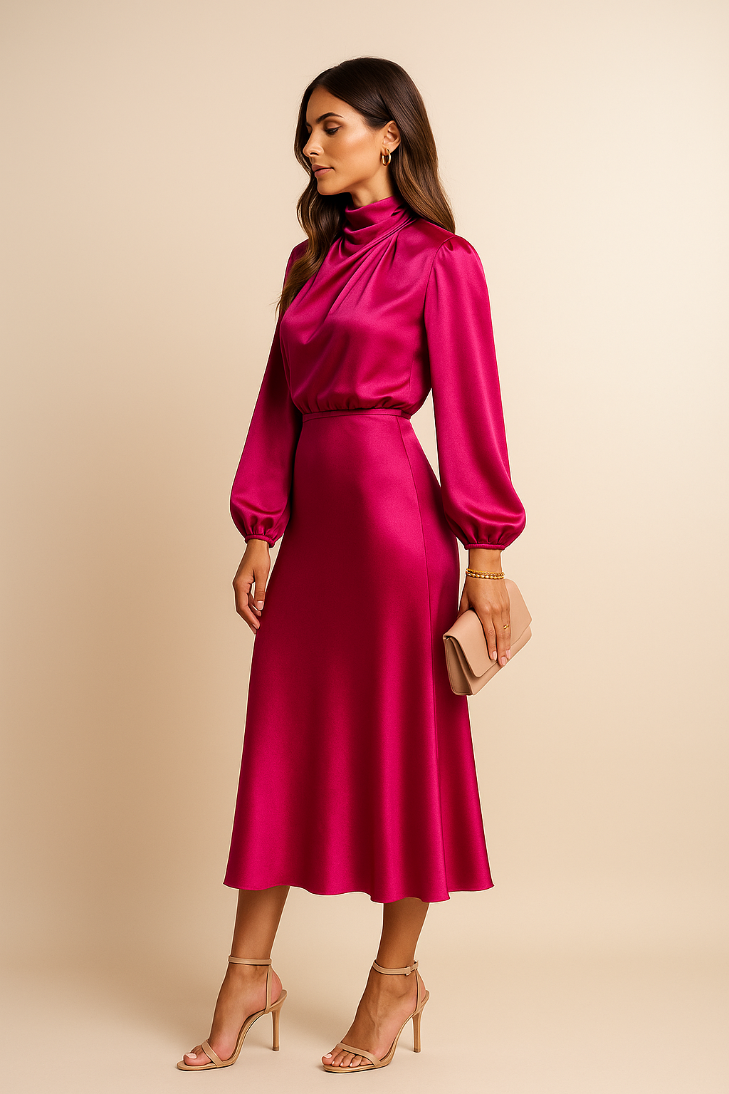 Iphigenia │ Women's Satin High Neck Midi Dress With Balloon Sleeves And Elasticated Waist