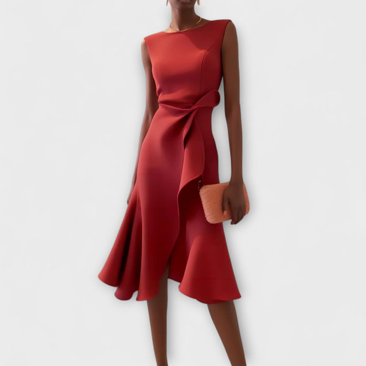 Araminta │ Women's Sleeveless Midi Dress With Side Drape And Ruffle Hem