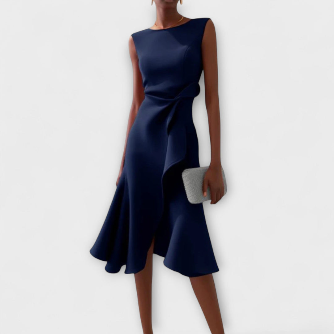 Araminta │ Women's Sleeveless Midi Dress With Side Drape And Ruffle Hem