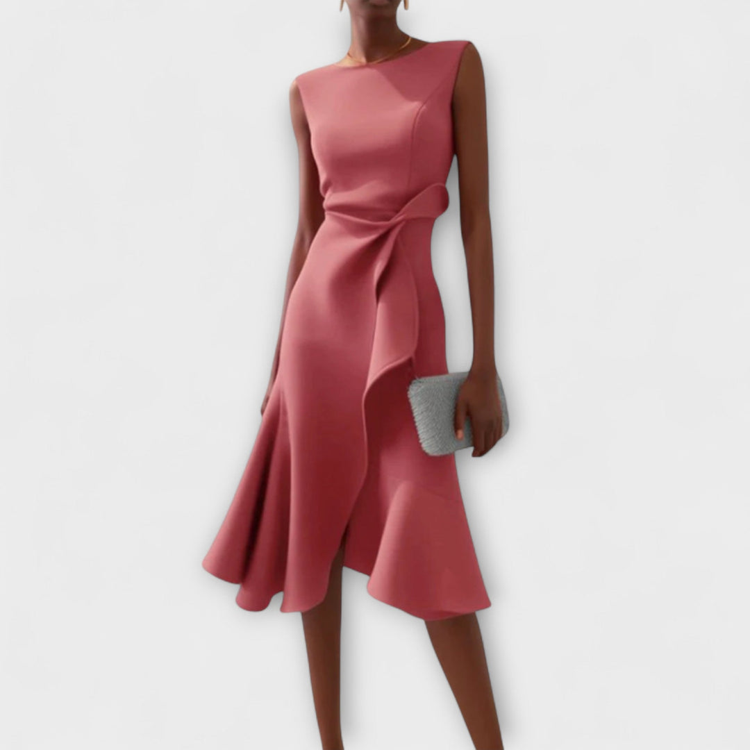 Araminta │ Women's Sleeveless Midi Dress With Side Drape And Ruffle Hem