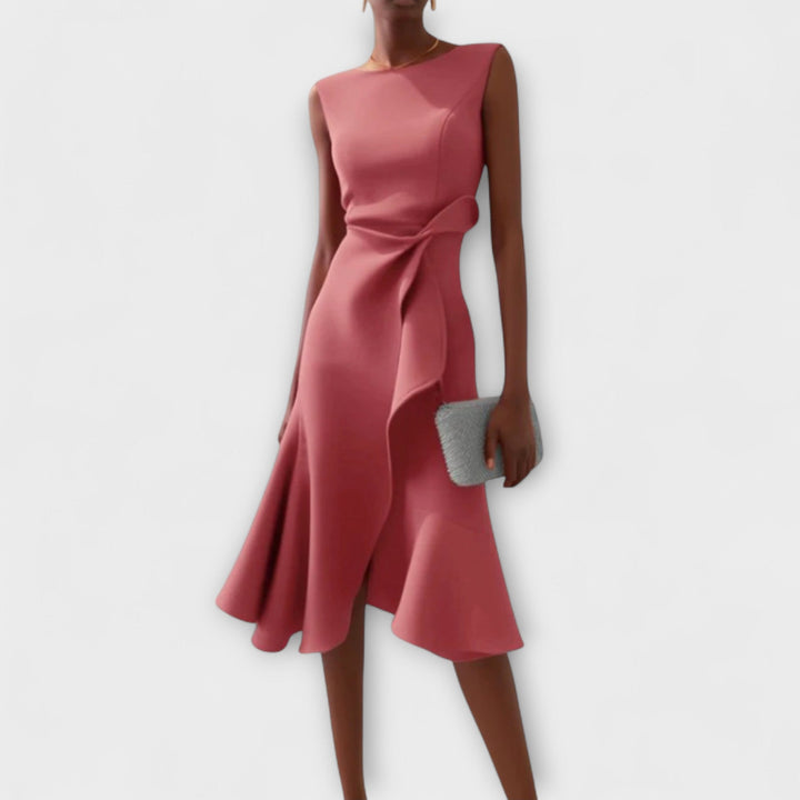 Araminta │ Women's Sleeveless Midi Dress With Side Drape And Ruffle Hem