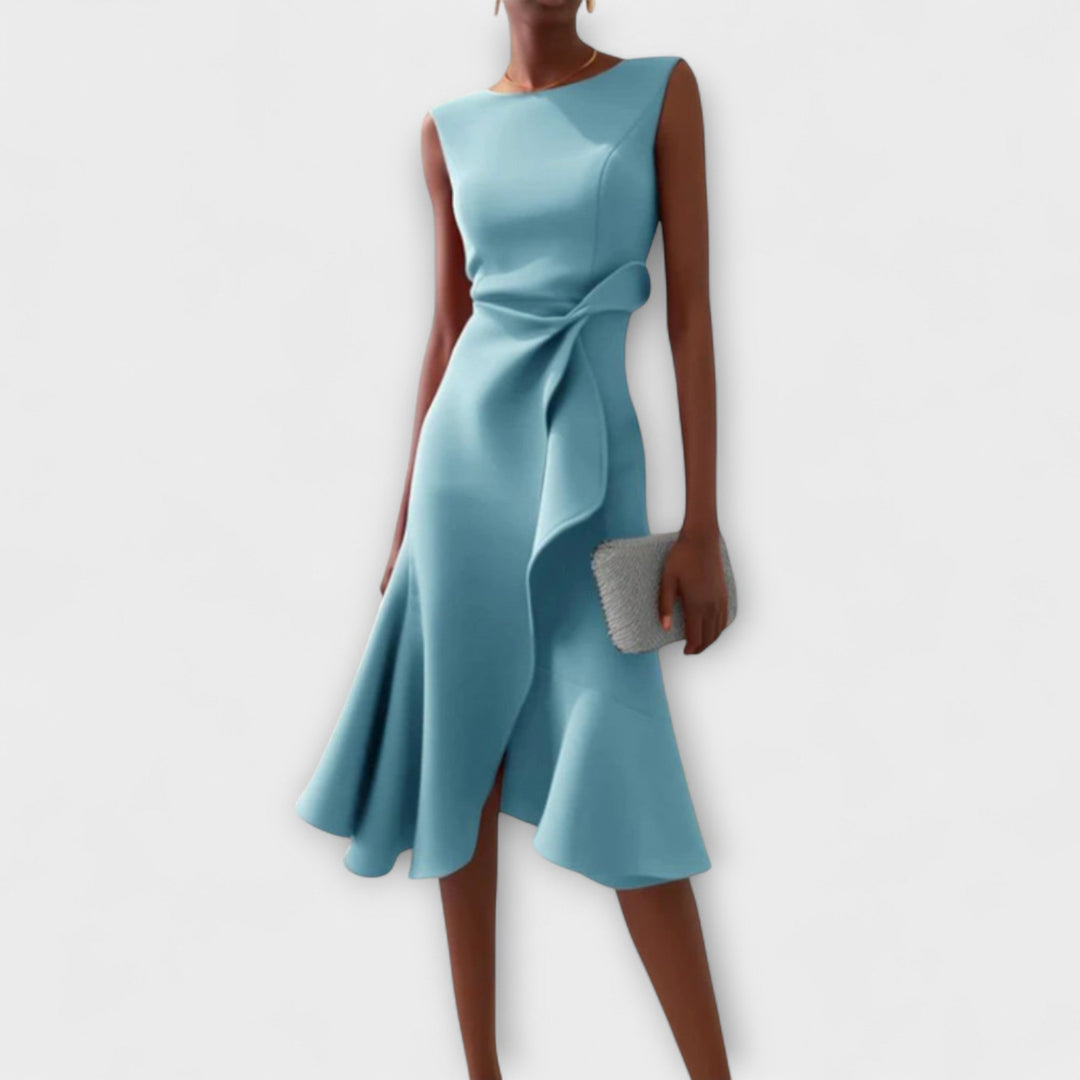 Araminta │ Women's Sleeveless Midi Dress With Side Drape And Ruffle Hem