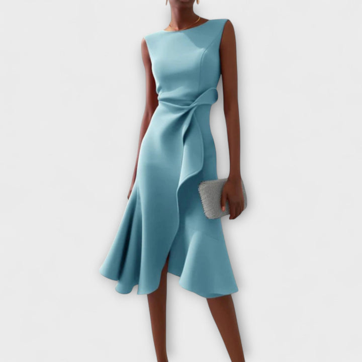 Araminta │ Women's Sleeveless Midi Dress With Side Drape And Ruffle Hem