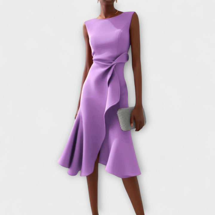 Araminta │ Women's Sleeveless Midi Dress With Side Drape And Ruffle Hem
