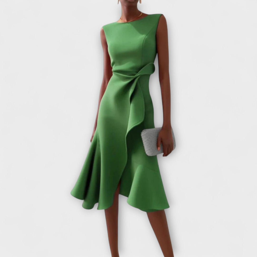 Araminta │ Women's Sleeveless Midi Dress With Side Drape And Ruffle Hem