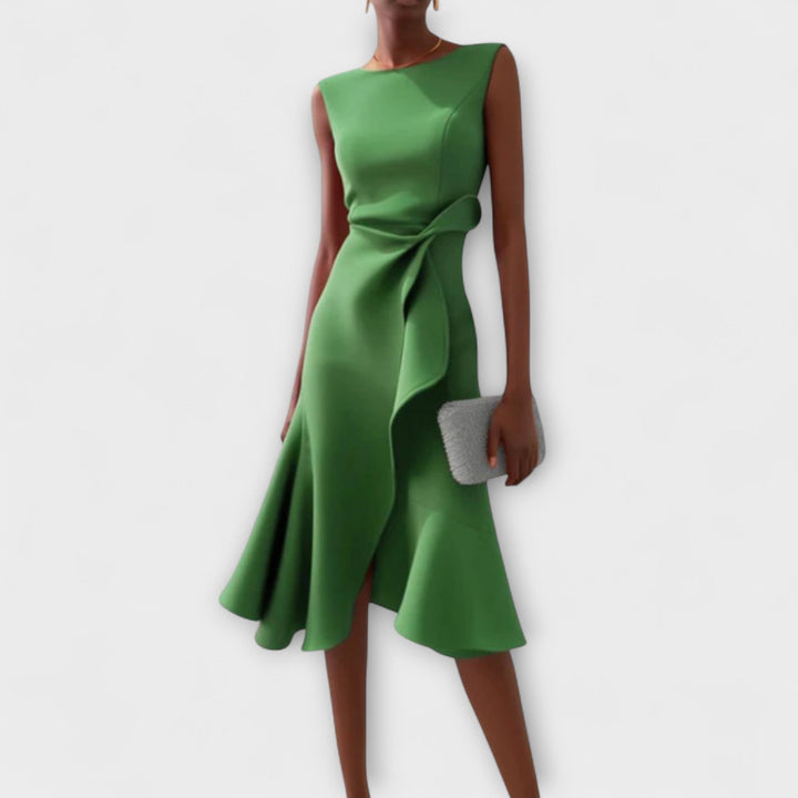 Araminta │ Women's Sleeveless Midi Dress With Side Drape And Ruffle Hem