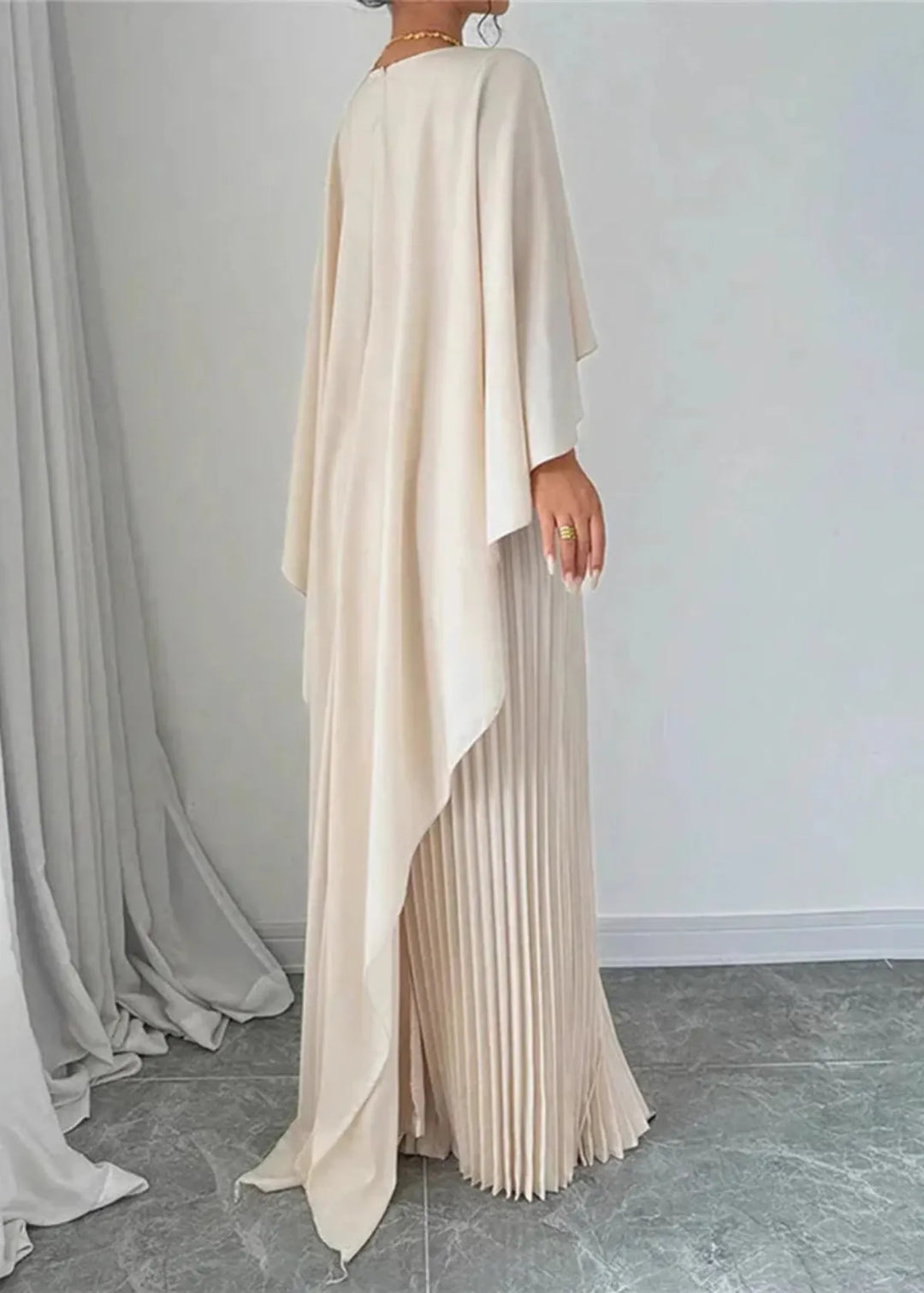 Seraphine │ Women's Pleated Cape Maxi Wedding Guest Dress With Round Neck
