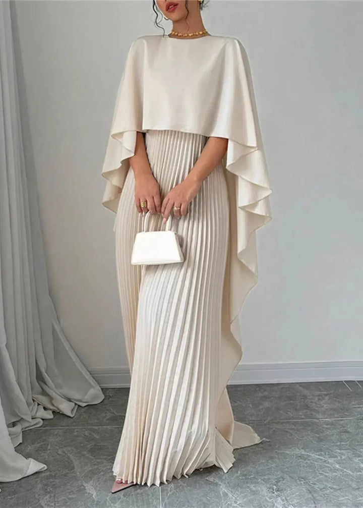 Seraphine │ Women's Pleated Cape Maxi Wedding Guest Dress With Round Neck