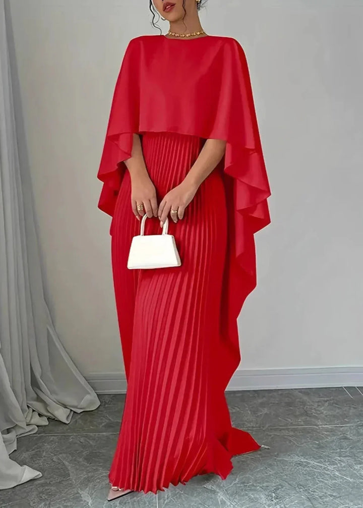 Seraphine │ Women's Pleated Cape Maxi Wedding Guest Dress With Round Neck