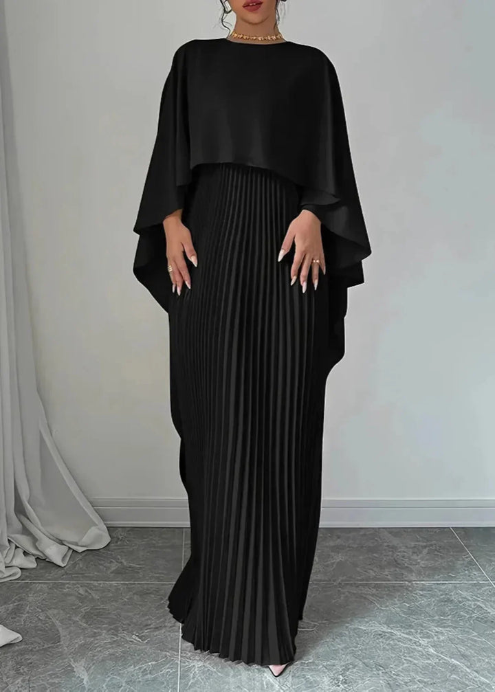 Seraphine │ Women's Pleated Cape Maxi Wedding Guest Dress With Round Neck