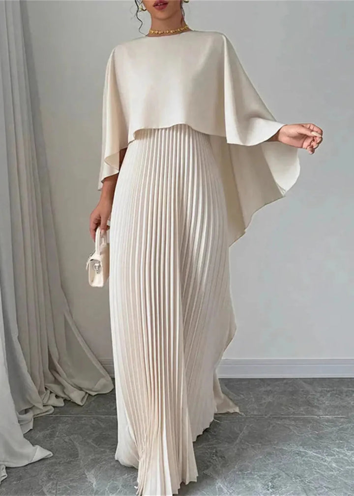 Seraphine │ Women's Pleated Cape Maxi Wedding Guest Dress With Round Neck