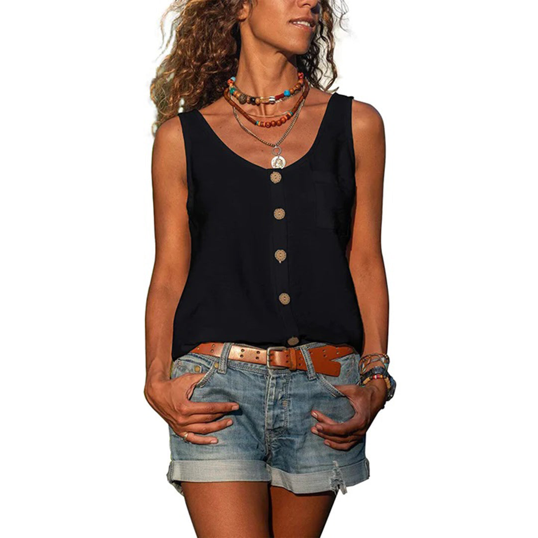 Rosie | Women's Loose Fit Scoop Neck Button Front Sleeveless Top