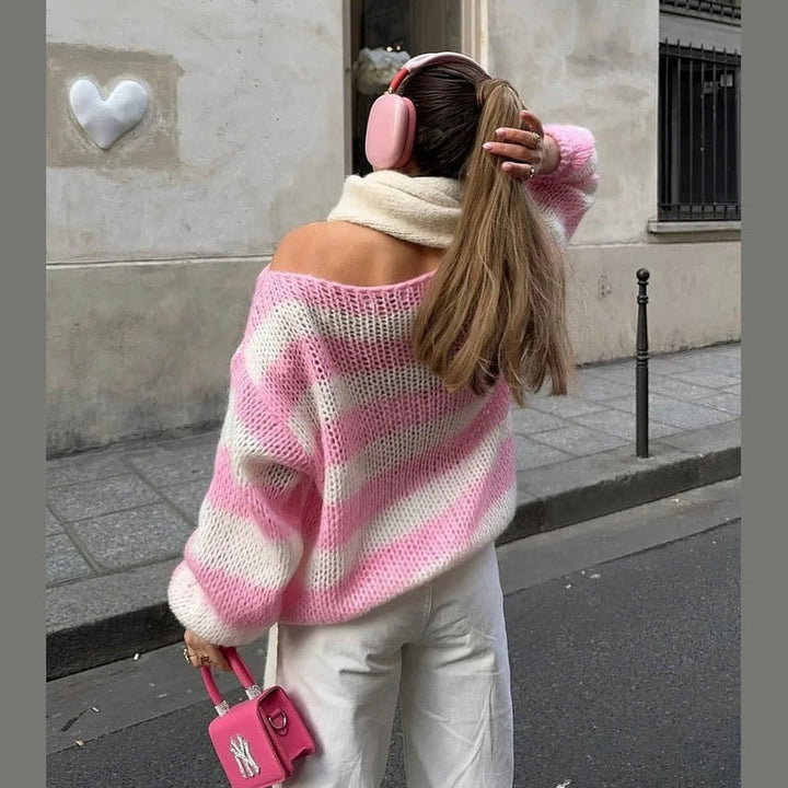 Sophie | Women's Oversized Striped Chunky Knit Round Neck Sweater
