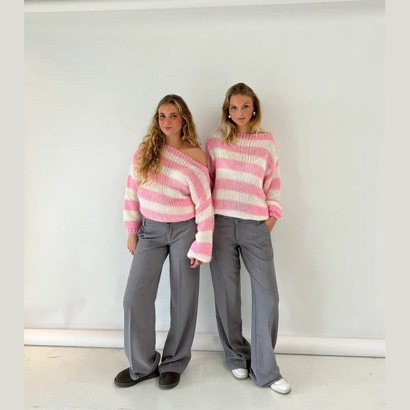 Sophie | Women's Oversized Striped Chunky Knit Round Neck Sweater