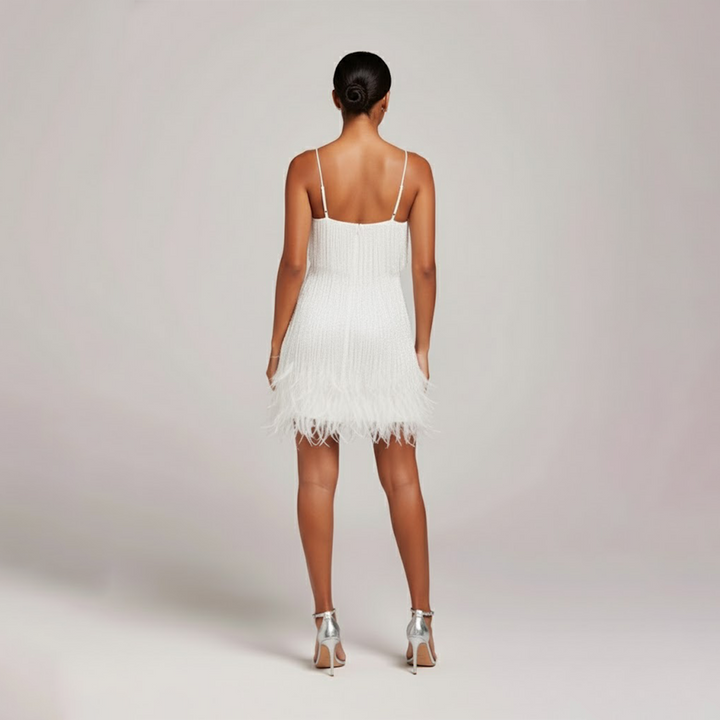 Aurelie │ Women's Beaded Fringe Mini Dress With Feather Hem And Spaghetti Straps