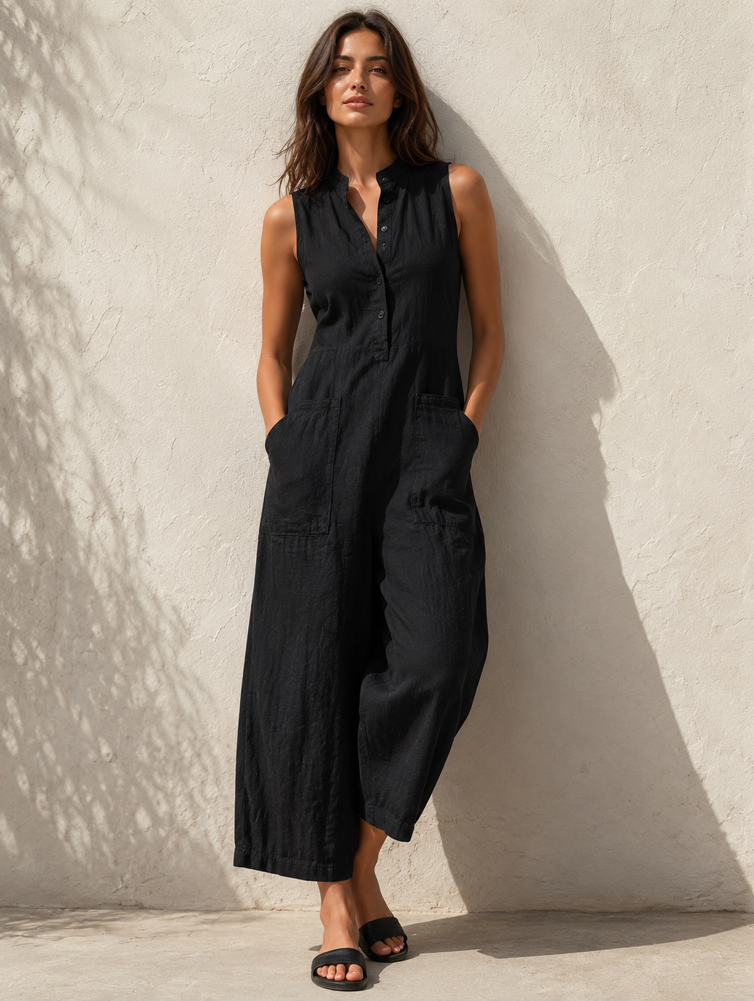 Layla | Women's Sleeveless Mandarin Collar Wide-Leg Linen Jumpsuit