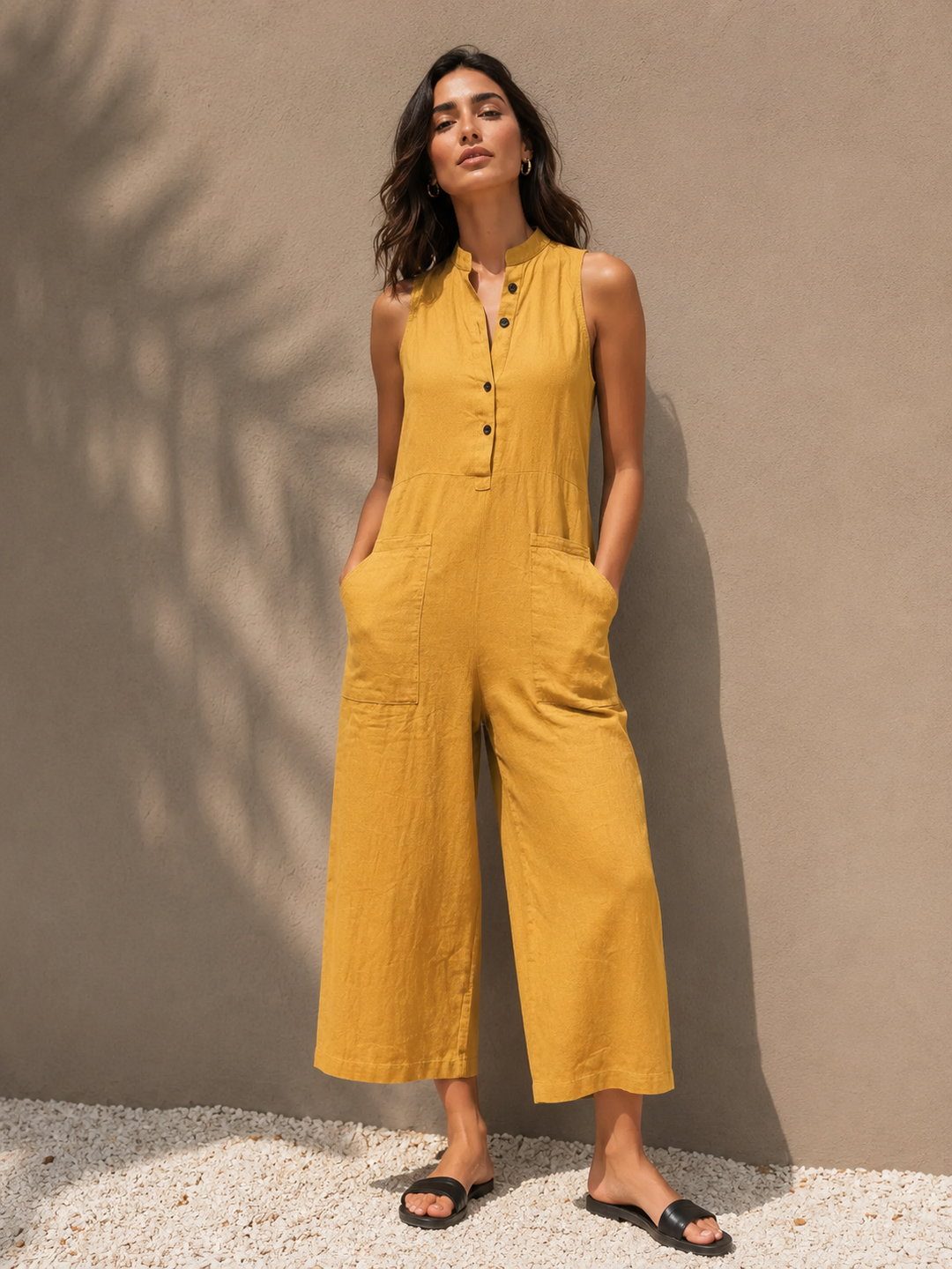 Layla | Women's Sleeveless Mandarin Collar Wide-Leg Linen Jumpsuit