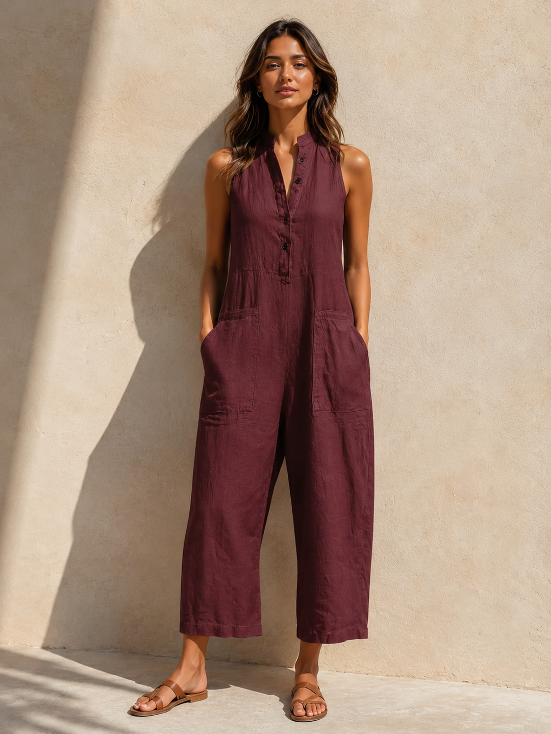 Layla | Women's Sleeveless Mandarin Collar Wide-Leg Linen Jumpsuit