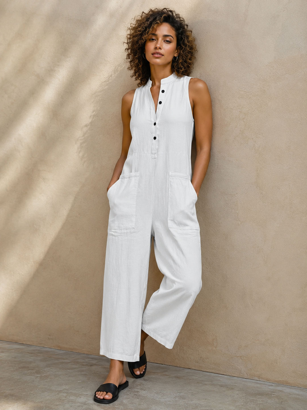 Layla | Women's Sleeveless Mandarin Collar Wide-Leg Linen Jumpsuit