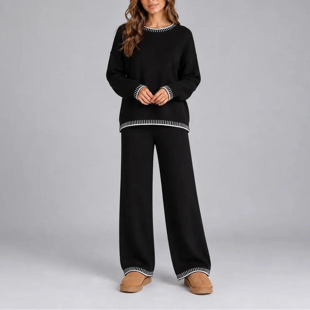 Hugh │ Women's Wide-Leg Trousers Knit Set With Contrast Trim Sweater