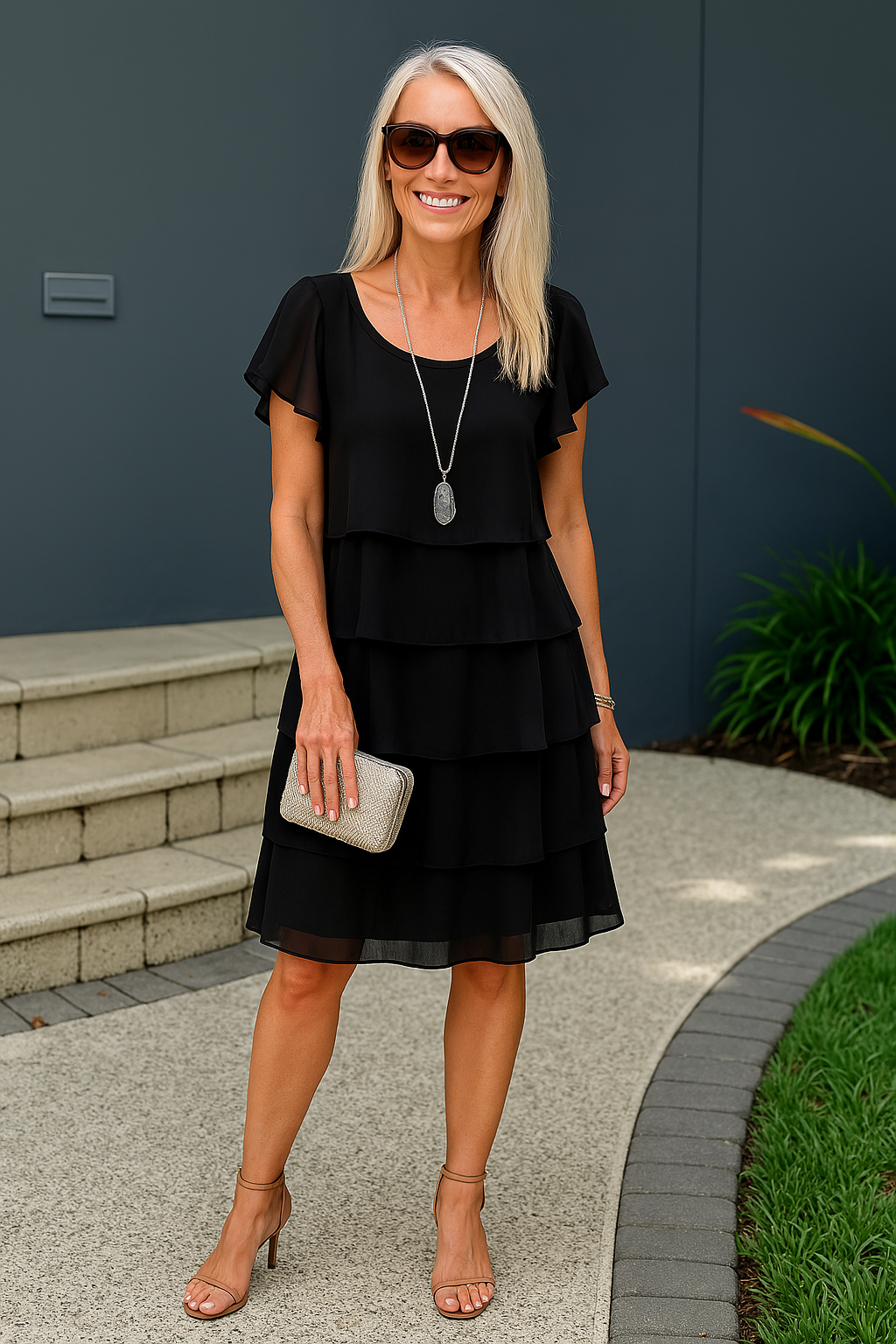 Seraphine │ Women's Tiered Ruffle Midi Dress With Flutter Sleeves And Round Neck