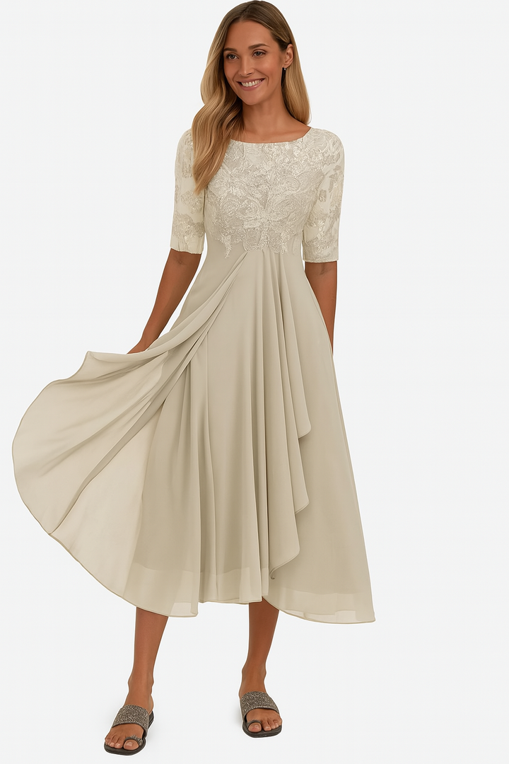 Ottoline │ Women's Lace Bodice A-Line Midi Summer Dress With Elbow Sleeves