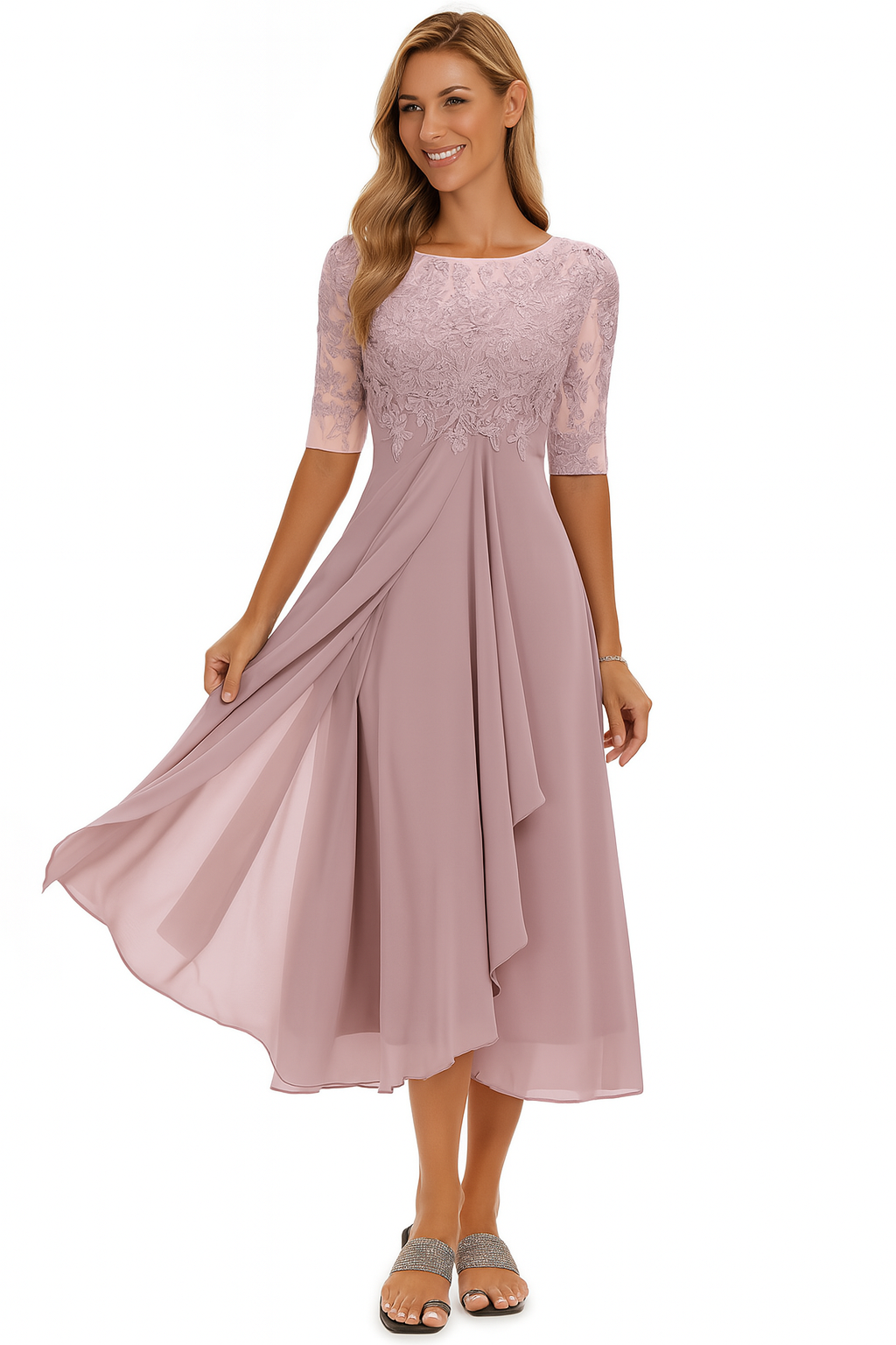 Ottoline │ Women's Lace Bodice A-Line Midi Summer Dress With Elbow Sleeves