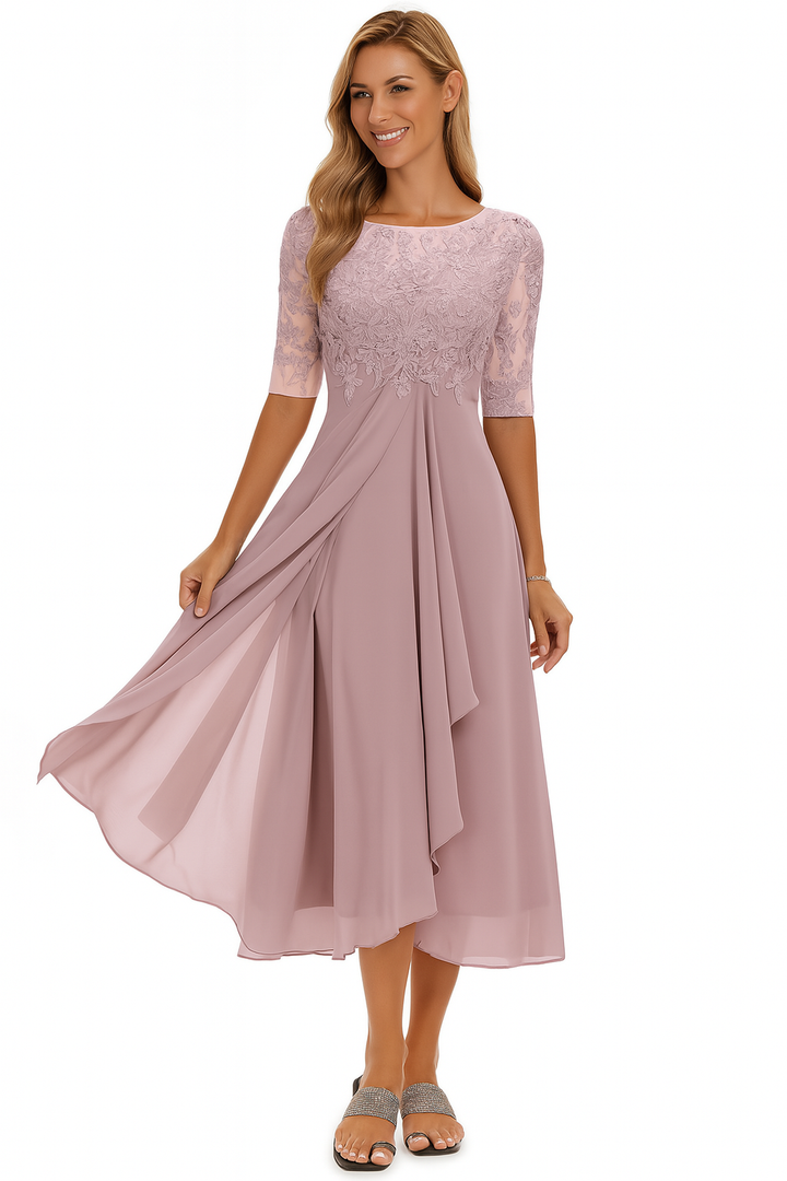 Ottoline │ Women's Lace Bodice A-Line Midi Summer Dress With Elbow Sleeves