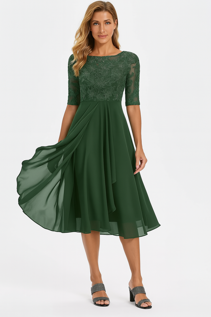 Ottoline │ Women's Lace Bodice A-Line Midi Summer Dress With Elbow Sleeves