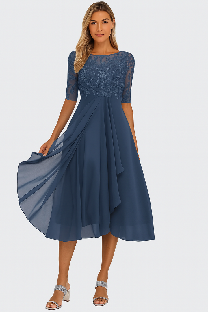Ottoline │ Women's Lace Bodice A-Line Midi Summer Dress With Elbow Sleeves