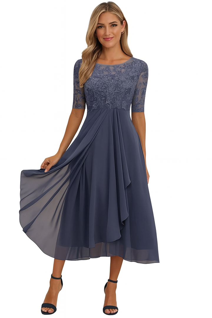 Ottoline │ Women's Lace Bodice A-Line Midi Summer Dress With Elbow Sleeves