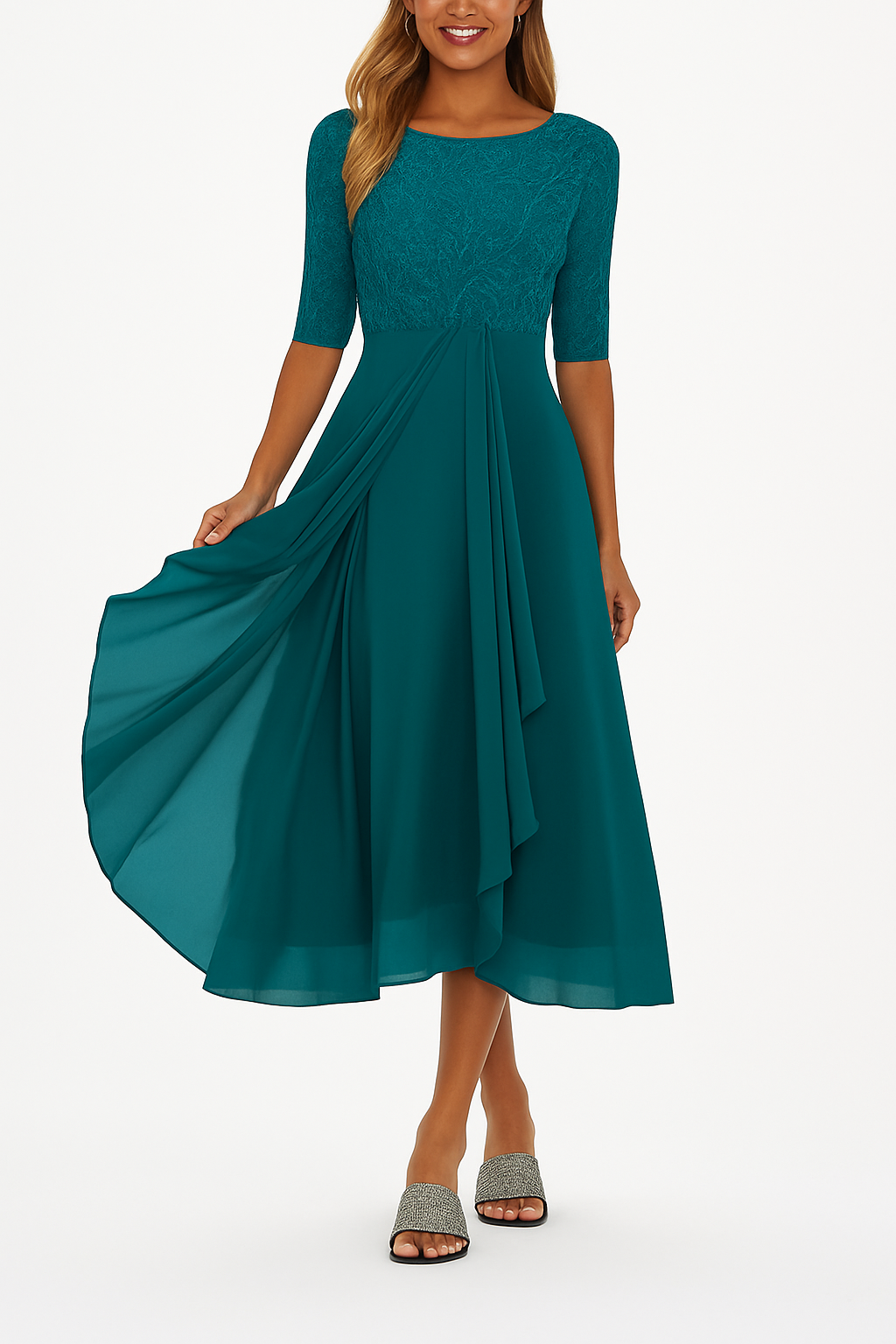 Ottoline │ Women's Lace Bodice A-Line Midi Summer Dress With Elbow Sleeves