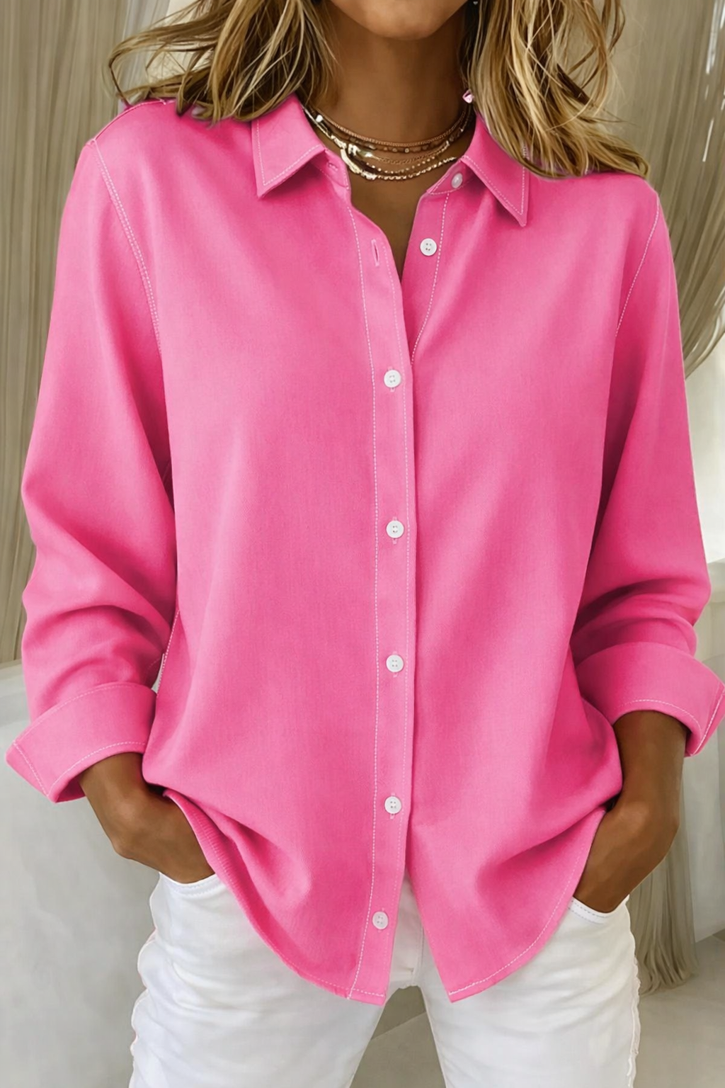 Winnie │ Women's Shirt Collar Button Front Long Sleeve Relaxed Blouse