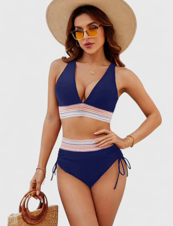 Edith │ Women's Deep V-Neck High Waist Bikini Swimwear With Mesh Panel