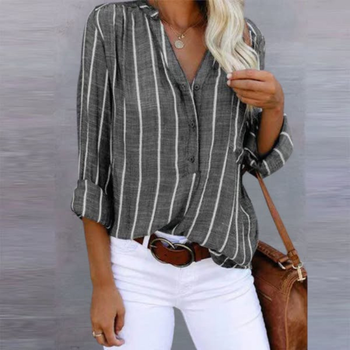 Sibyl │ Women's Striped V-Neck Long Sleeve Button Front Blouse