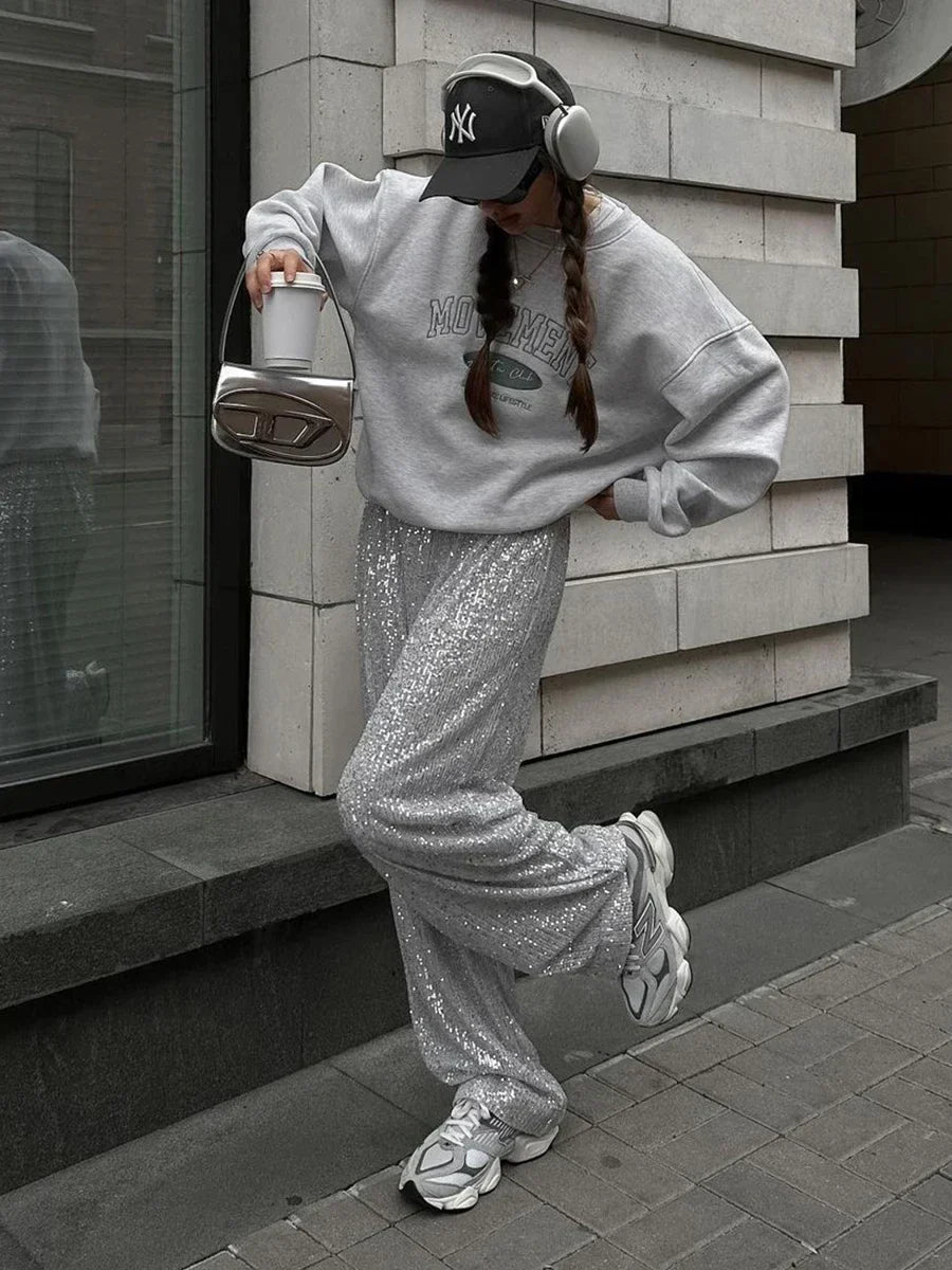 Sophia │ Women's High Waist Sequin Wide-Leg Trousers