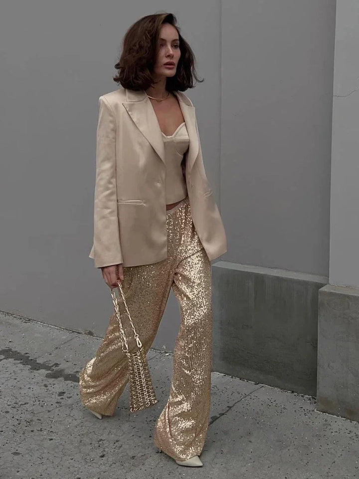 Sophia │ Women's High Waist Sequin Wide-Leg Trousers